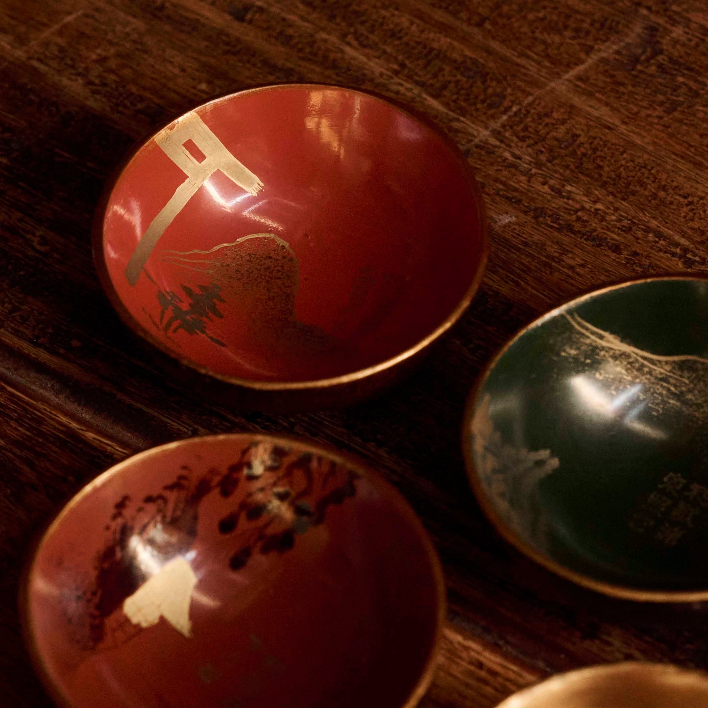 Japanese Lacquer Cups Mandarin Peel Five Colour Set with Gold Makie