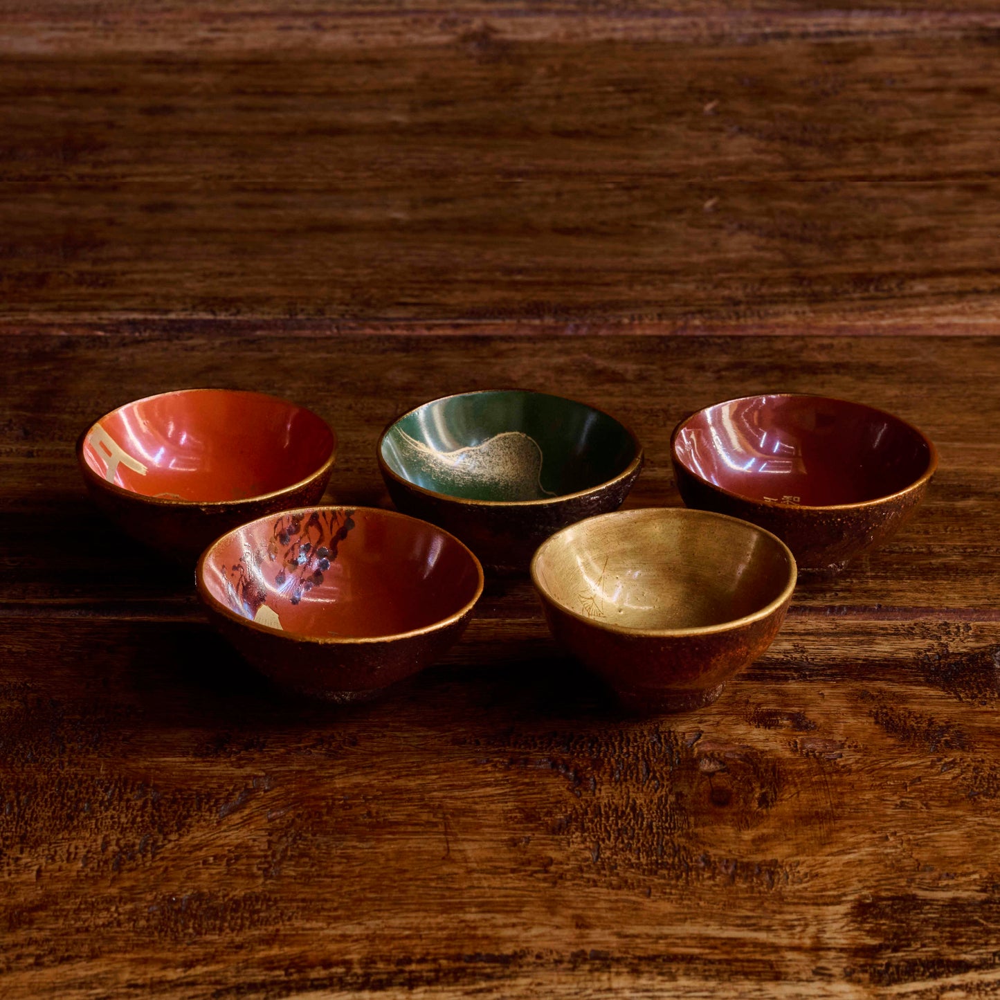 Japanese Lacquer Cups 　Mandarin Peel Five Colour Set with Gold Makie