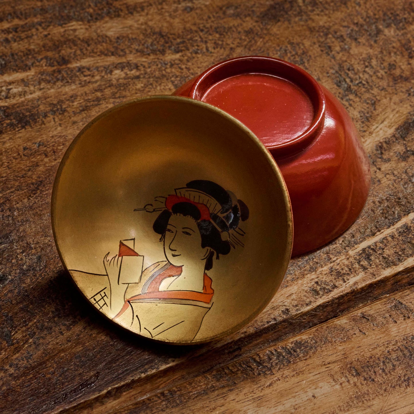 Vintage Japanese Lacquer Cups　Hand-Painted Bijin-ga, Set of 7 (Showa Era)