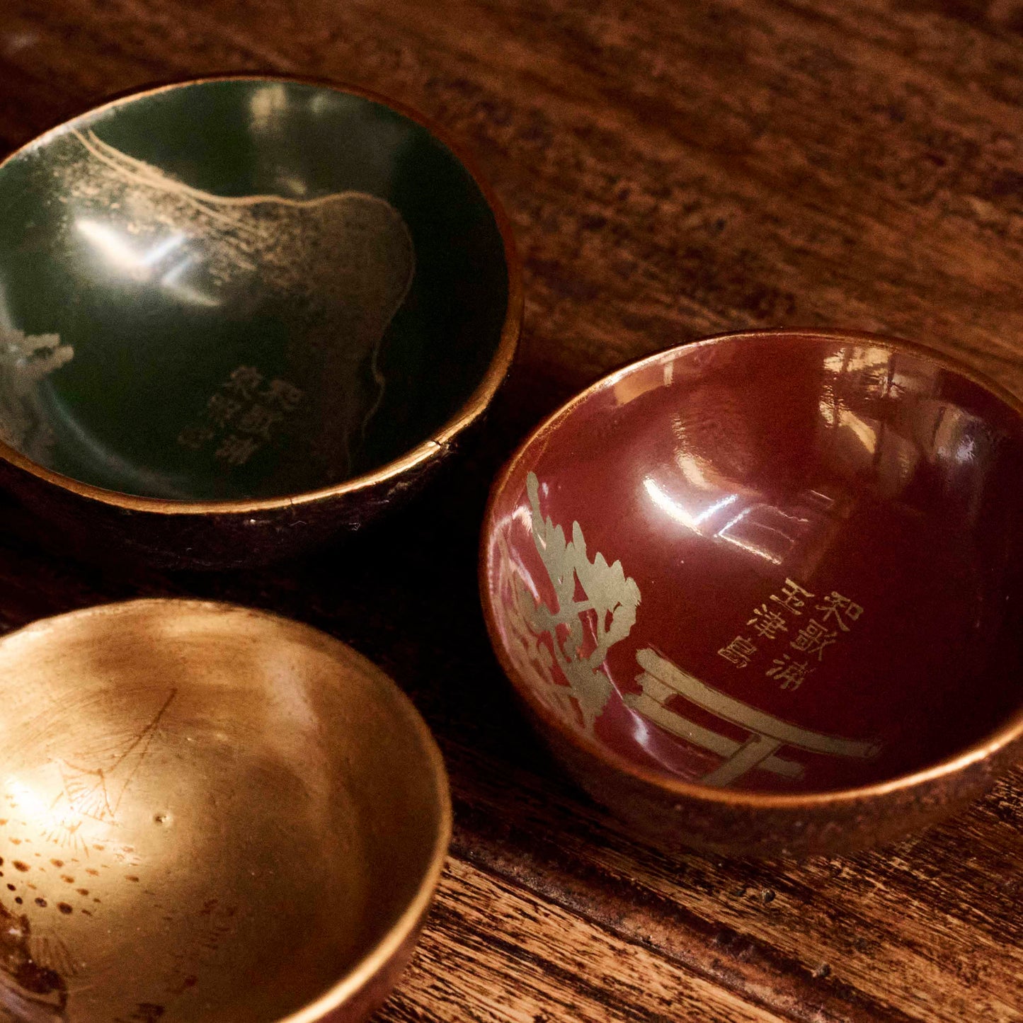 Japanese Lacquer Cups 　Mandarin Peel Five Colour Set with Gold Makie