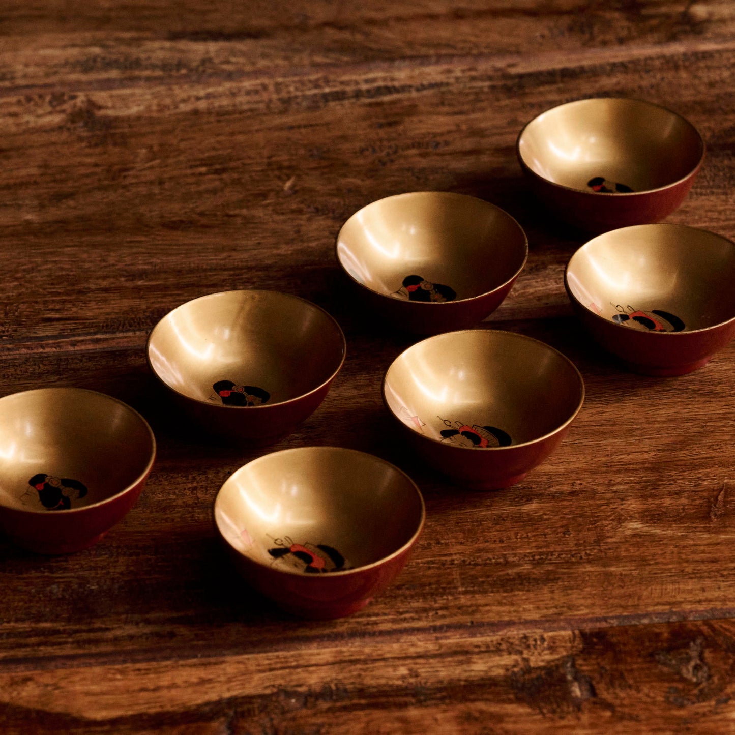 Vintage Japanese Lacquer Cups　Hand-Painted Bijin-ga, Set of 7 (Showa Era)