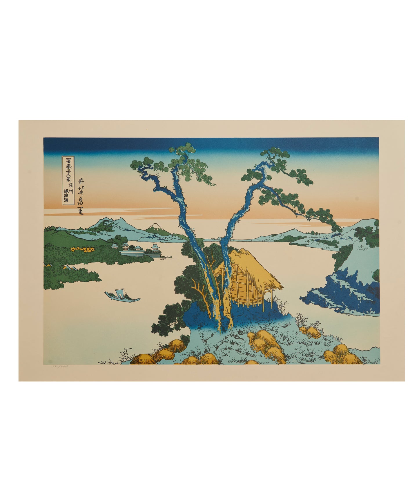 "A View of Mount Fuji Across Lake Suwa in Shinano Province" from 36 views of Mt.Fuji series by Hokusai