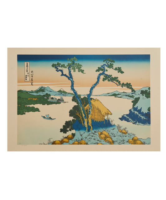 "A View of Mount Fuji Across Lake Suwa in Shinano Province" from 36 views of Mt.Fuji series by Hokusai
