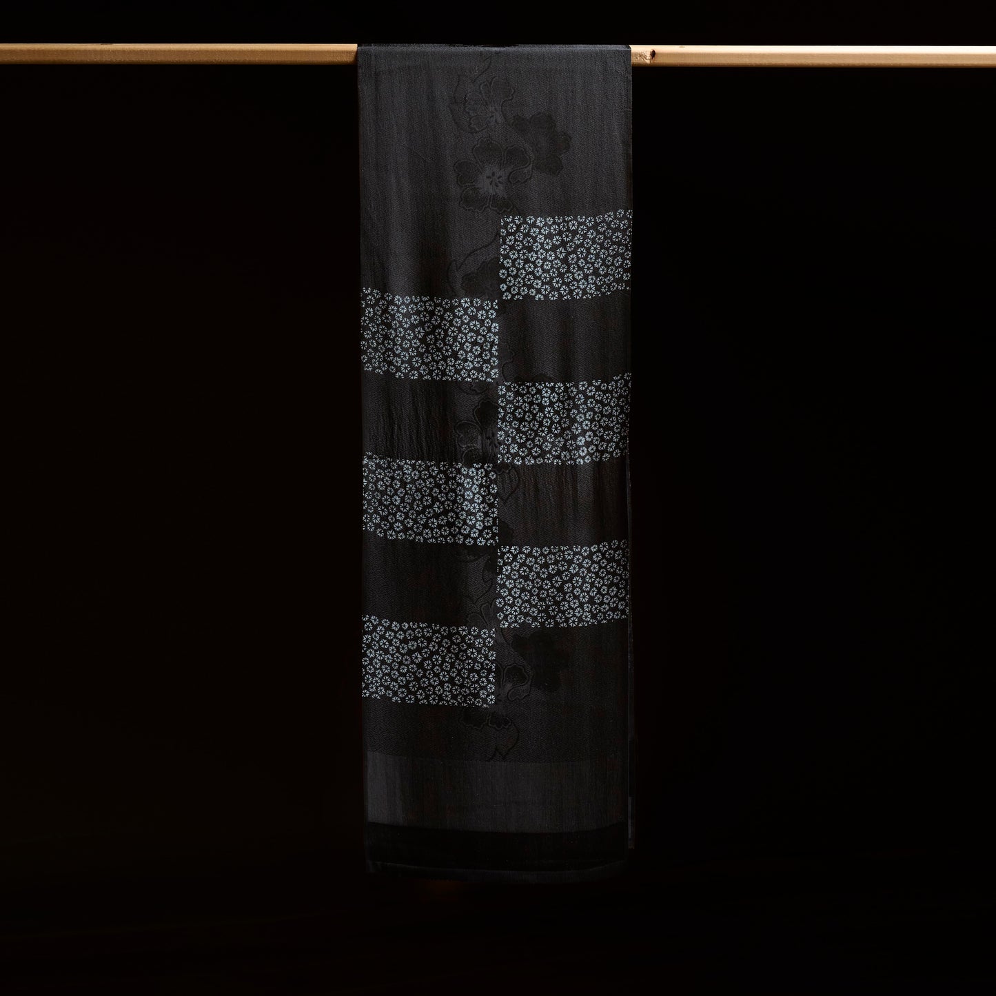 Kimono Silk Scarf - Asanoha Pattern in Black and Ice Blue