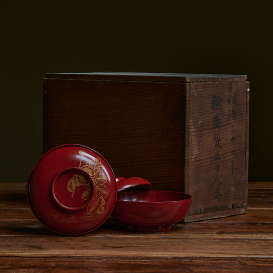 Japanese Lacquerware - Antique Japanese Wooden Soup-Bowl with Wajima-Nuri,
